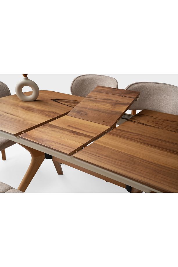 Çınar Açılır Ahşap Ayak 130X80 Masa 6 Kişilik Bukle Kumaş Ahşap Nergis Sandalye Bench Masa Takımı - 6