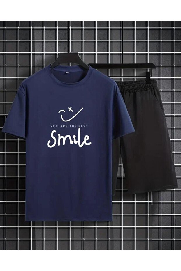 Smilesummer Printed Black Navy Blue Short Set - Comfortable Loose Leg T-Shirt