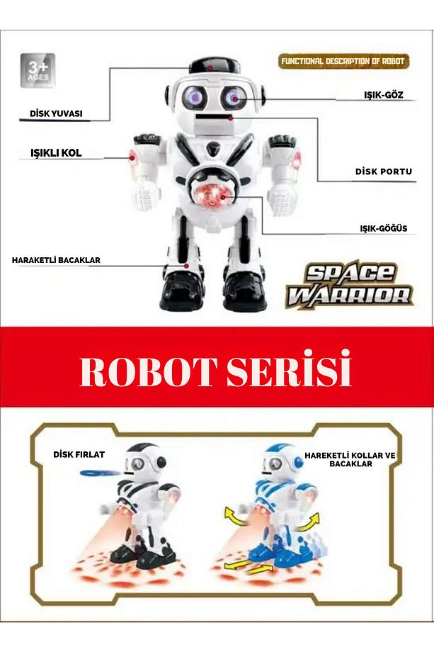 Siyah Büyük Boy Disk Atan Yürüyen Oyuncak Uzay Savaşçısı Robot Sesli Işıklı ve Pilli Robot +3 Yaş - 3