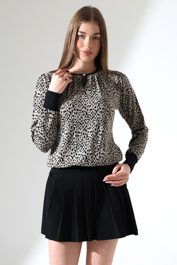 Harare női húzózsinóros leejtő nyakú gombos LEOPARD Jacquard rugalmas fésült pamut hosszú ujjú blúz és hidzsáb blúz - 3