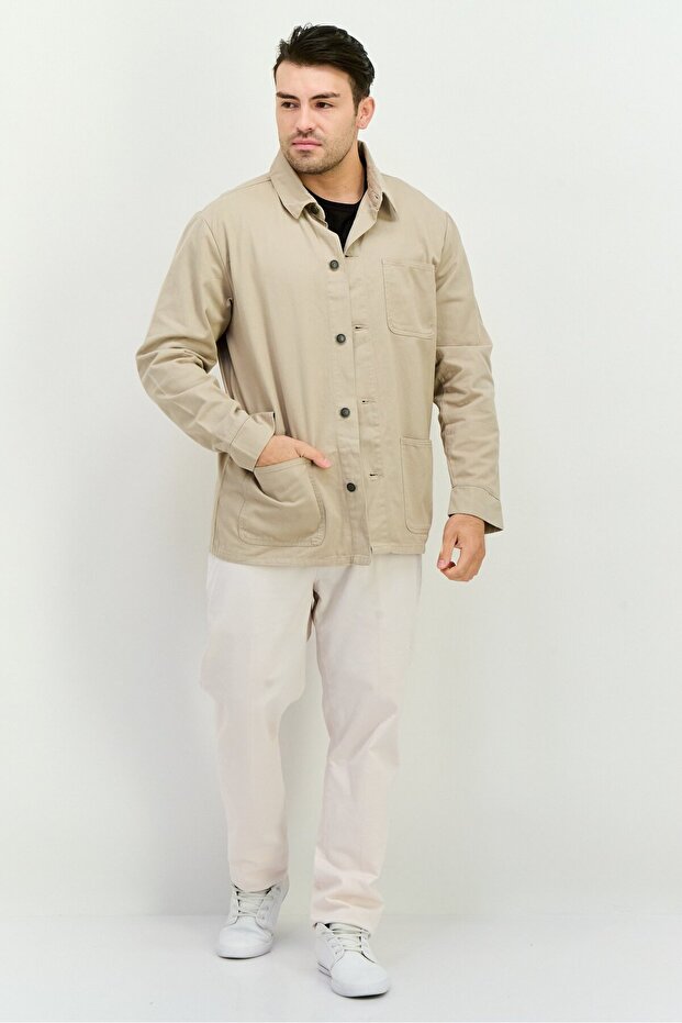 Men Solid Denim Jacket, Beige - 4