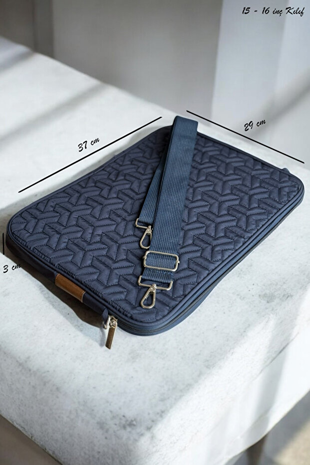 MacBook Air Pro 15" & 16" Laptop Bag Quilted Computer Bag Strap Case Navy Blue