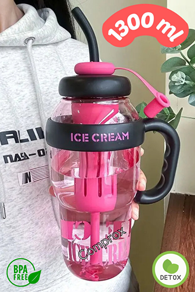 Bıgmug Ice Cream Tritan Water Bottle with Straw Detox Flask 1300 ml