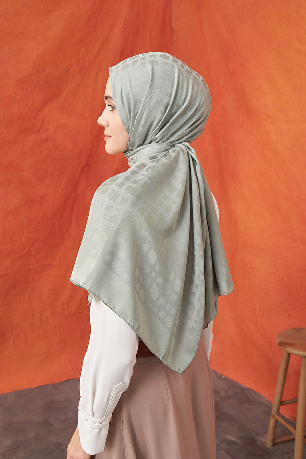 Italian Jacquard Block Pattern Shawl - Linen Green - 3