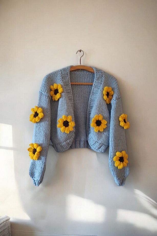 El Örgüsü Ayçiçeği Desenli Kadin Hırka, Ayçiçegı Motifli Crop Kadın Hırka - 2