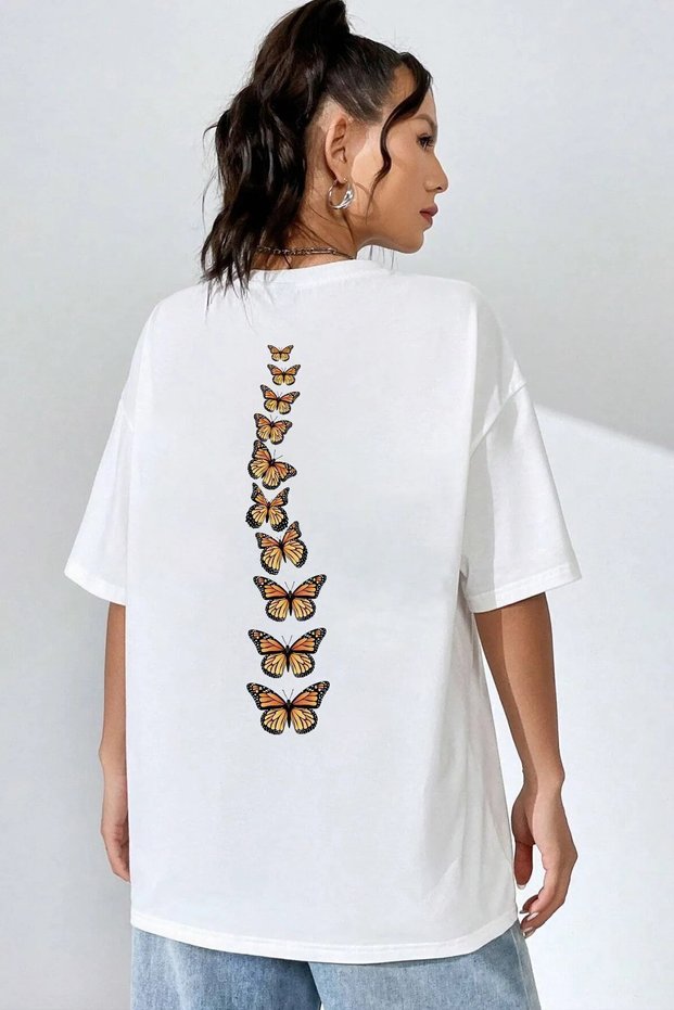 Unisex Back Butterfly Printed Oversize Short Sleeve T-Shirt