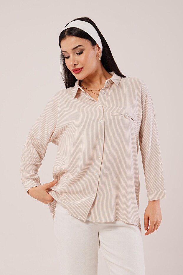 Oversize Sleeve Folded Striped Camel Shirt