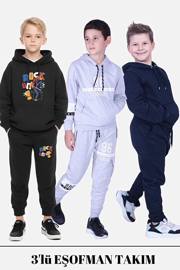Boy's 3-Piece Hooded-Cangarous Pouch Printed Tracksuit