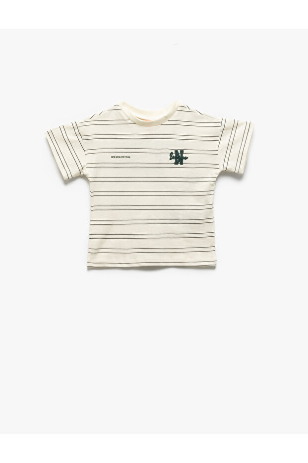Crew Neck Short Sleeve Embroidered Cotton Stripe T-Shirt