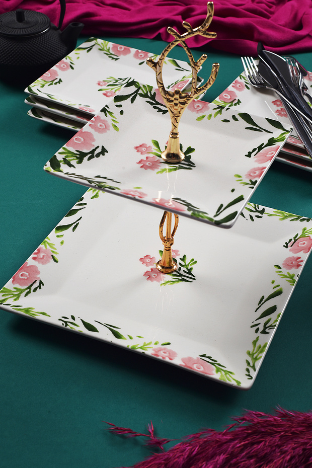 Double Layer Ceramic Spring Pattern Cookie Tray Snack Two Tier Presentation Plate Serving Set Catering