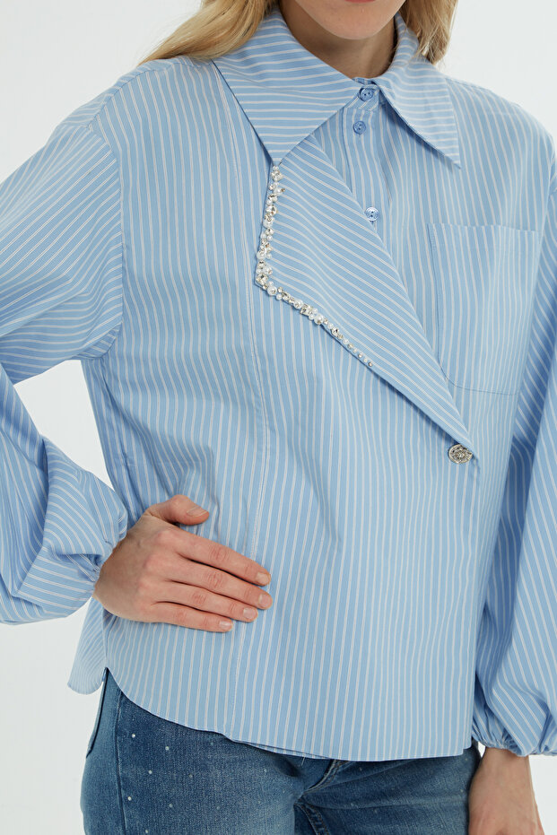 Taş İşlemeli Uzun Kollu Mavi Gömlek - 6