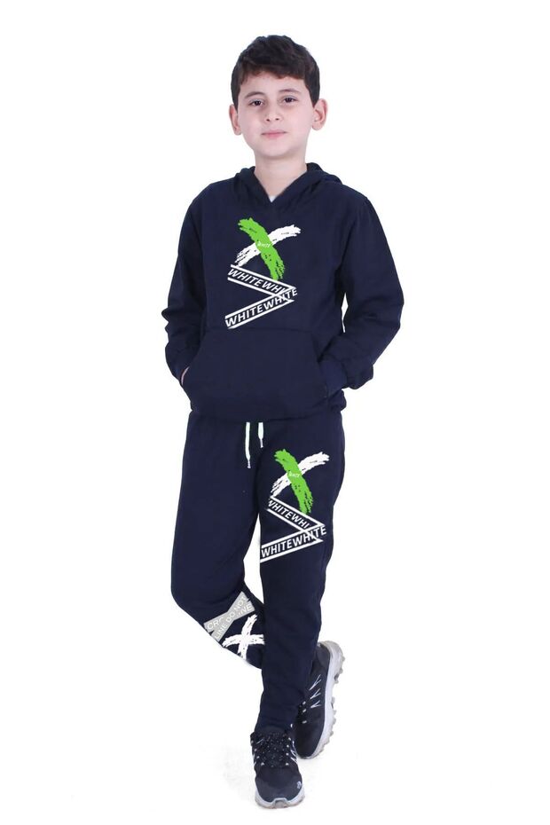 X Printed Kangaroo Pocket Hooded Boy's Bottom-Top Tracksuit Set