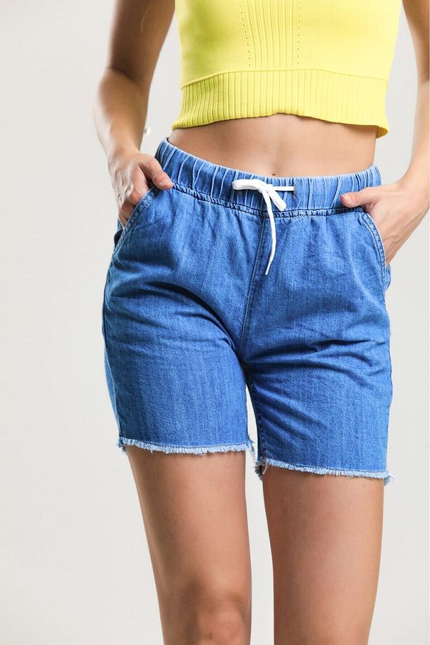 2080 Kadın Püsküllü Paça Jeans Denim Kot Şort - Mavi - 1