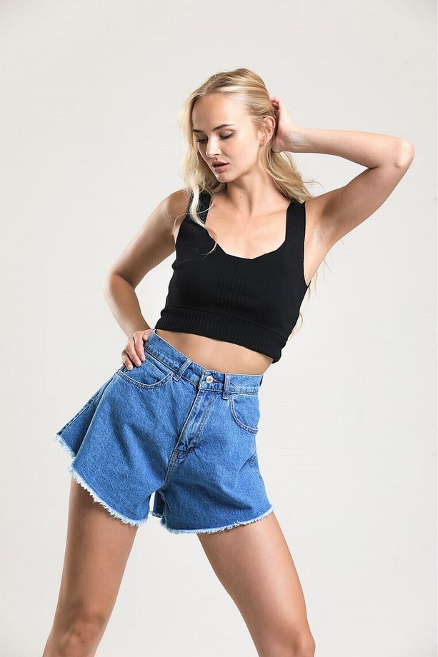 2076 Kadın Püsküllü Paça Jeans Denim Kot Şort - Mavi - 2