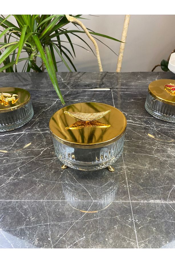 Elysia Ayaklı Kapaklı Gold Şekerlik ( Yaprak Model ) - 1