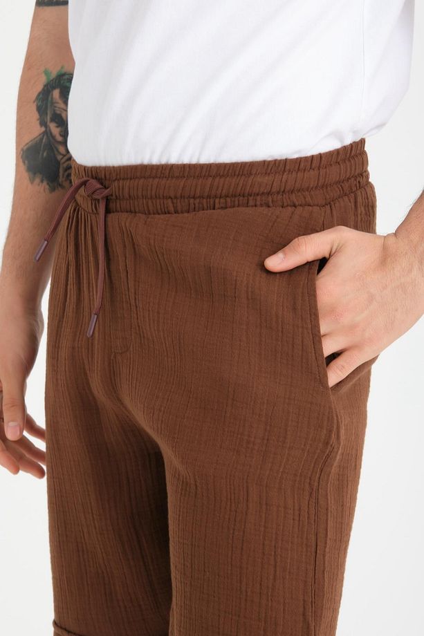 Hafif Ve Rahat Duble Paça Müslin Erkek Şort - Kahve - 2
