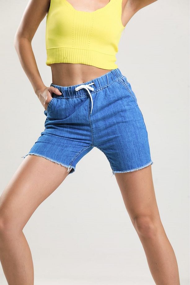2080 Kadın Püsküllü Paça Jeans Denim Kot Şort - Mavi - 3