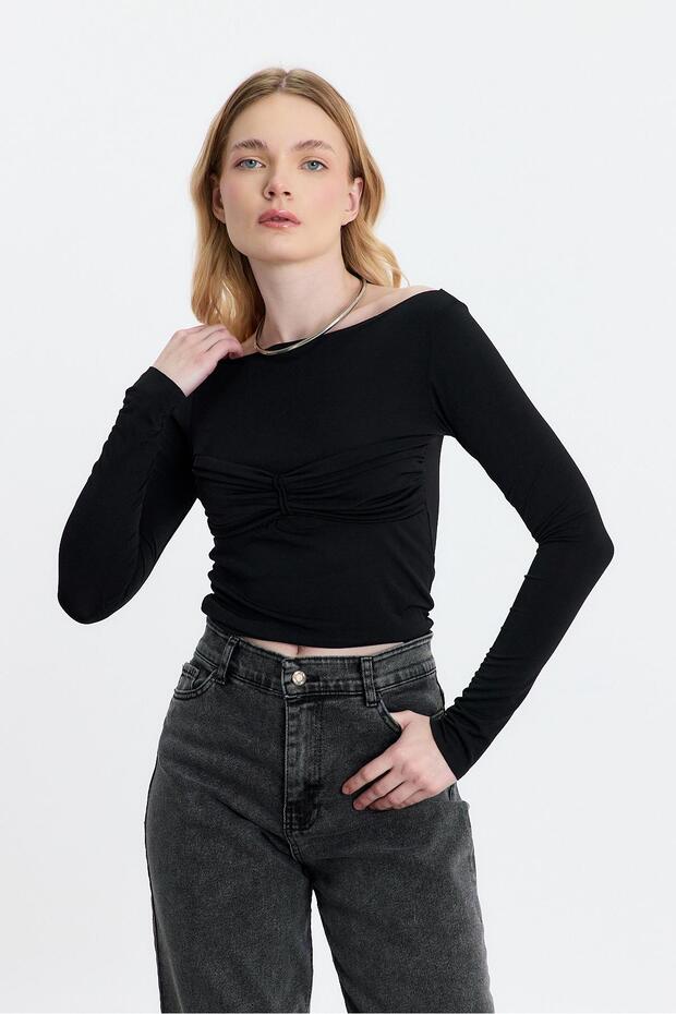 20178 Model - Black Drawstring Detailed Blouse - 6