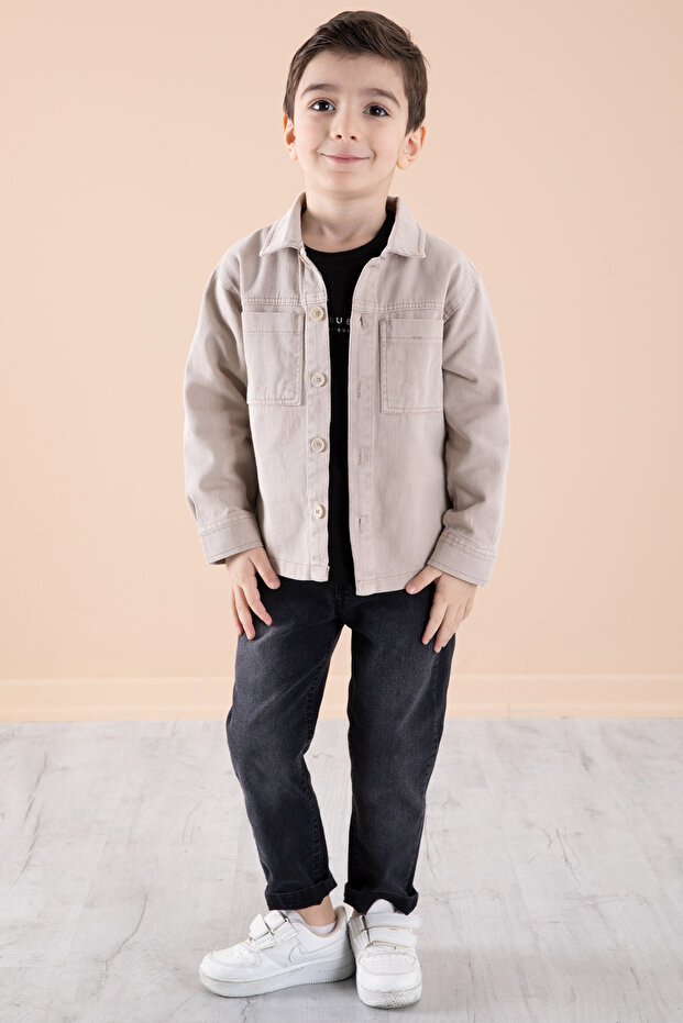 Beige Jean Jacket Printed Boy's Trousers 3 Piece Suit 20312