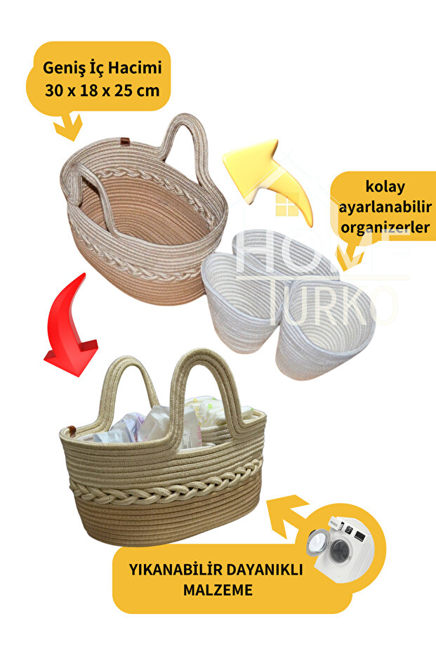 Large capacity modern jute mother baby diaper wipe laundry basket with removable organizer and handle bag