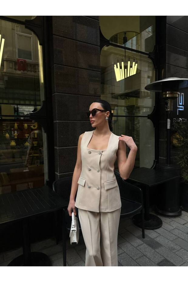 Square Collar Stone Buttoned Vest Trousers Double Breasted Set