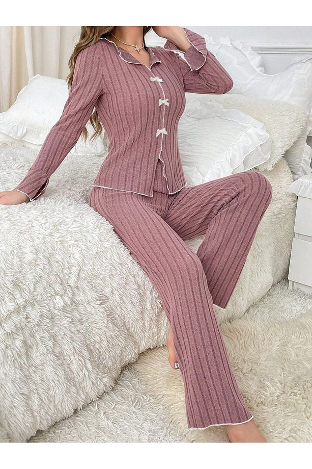 Gül Kurusu Uzun Kollu Fırfırlı Pijama Takımı - 6