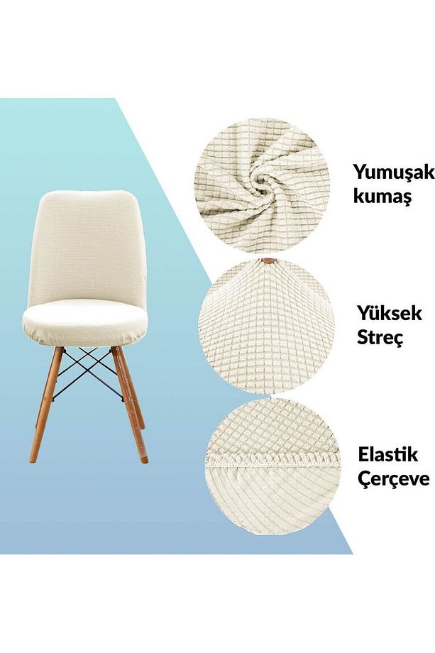 Yıkanabilir Streç Lastikli Likralı Oval Yuvarlak Sandalye Kılıfı Örtüsü 1 Adet(KREM RENGİ) - 2