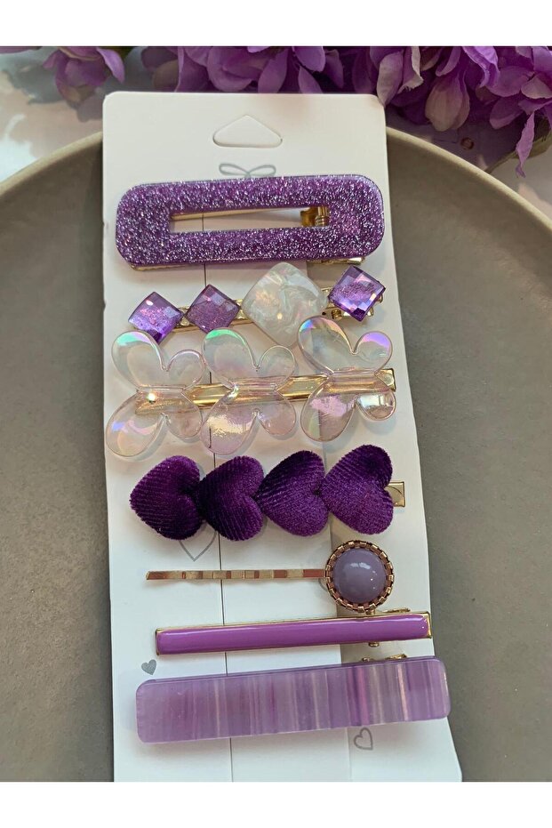 Set of 7 Purple Butterfly and Heart Buckles