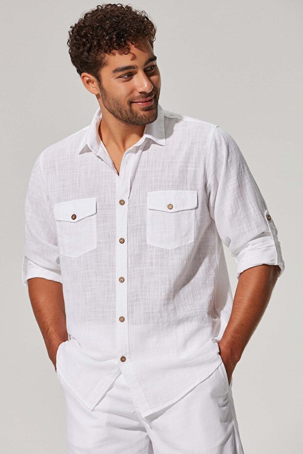 Long Sleeve Double Pocket Slub Men's Shirt