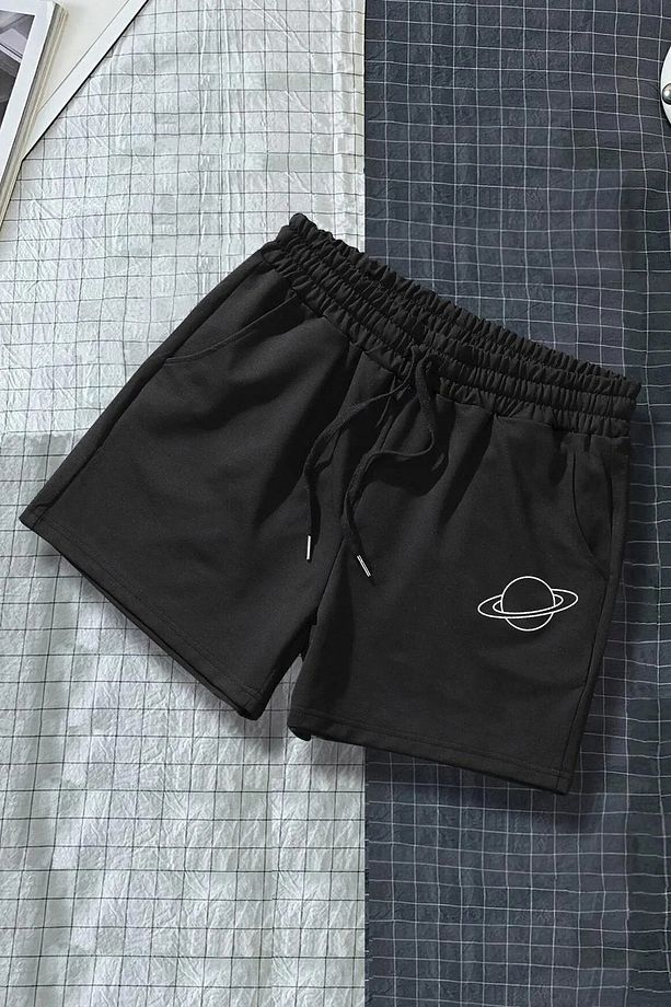 Unisex Satürn Baskılı Renkli Basic Şort - 1