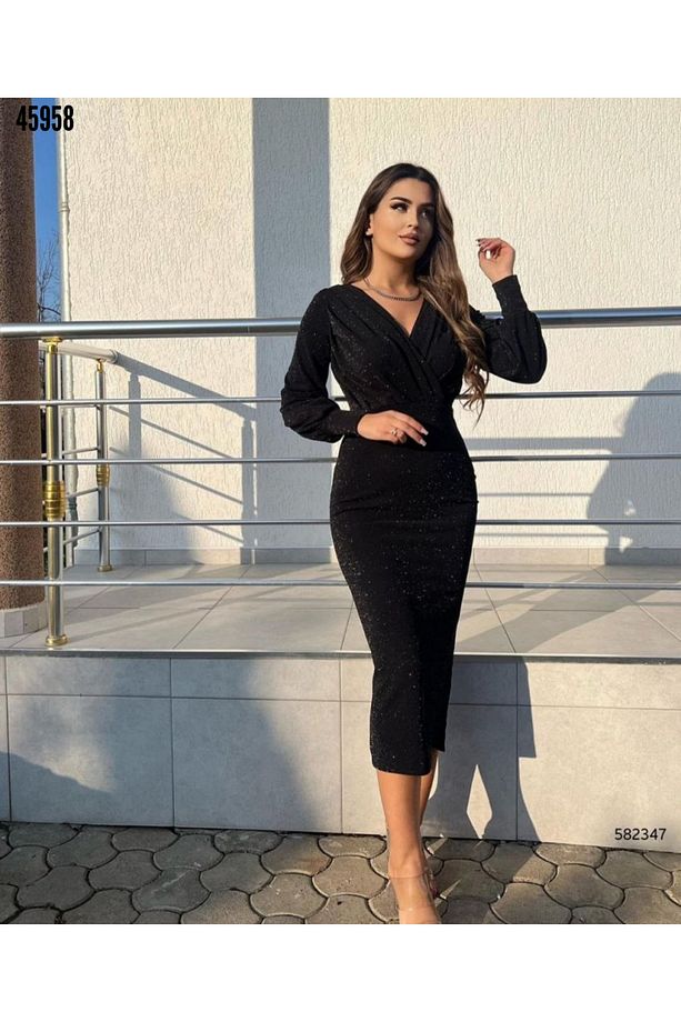 14 Şubata Özel Simli Krep Kumaş Maxi Elbise - 1