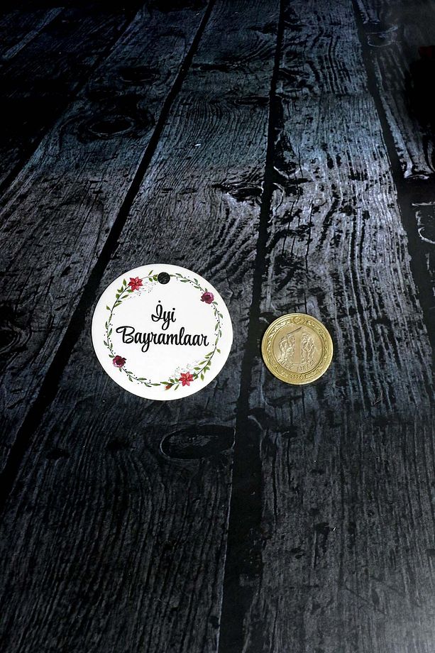 Bayram etiketi - İyi bayramlar baskılı - 50 adet  Çiçek Yaprak baskılı Bayram Etiketi ( 5 cm) - 4