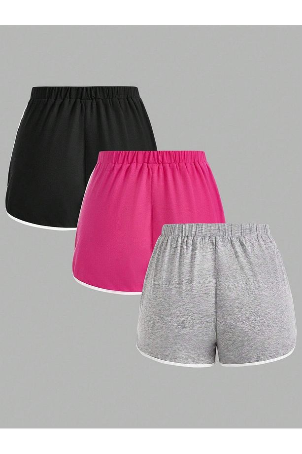Kadın Siyah Pembe Gri %100 Pamuk Yan Şeritli 3'lü Paket Mini Şort - 5
