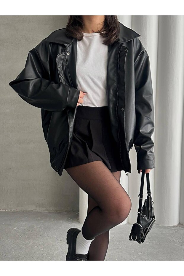 Jachetă de piele neagră vintage oversize - 1