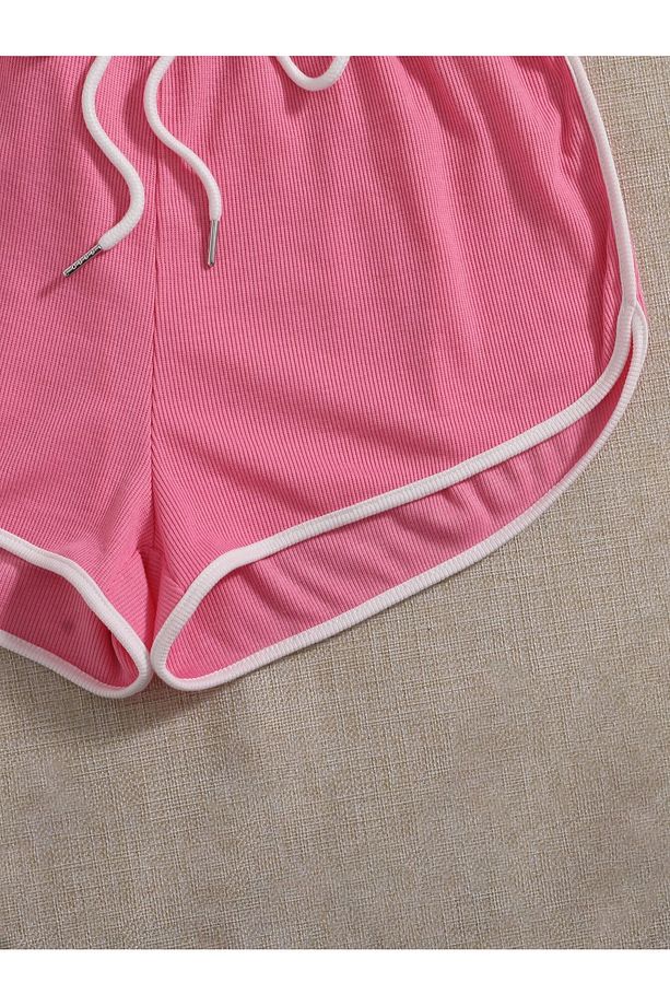 Kadın Siyah Pembe Yan Şeritli 2'Li Paket Mini Şort - 4