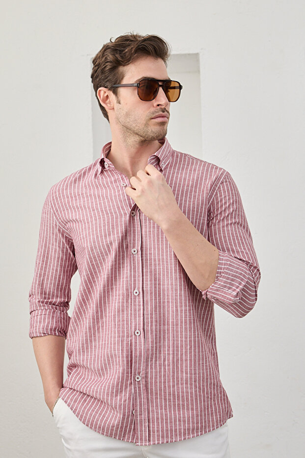 Men's Shirt Striped Cotton Linen Modern Slim Fit Shirt