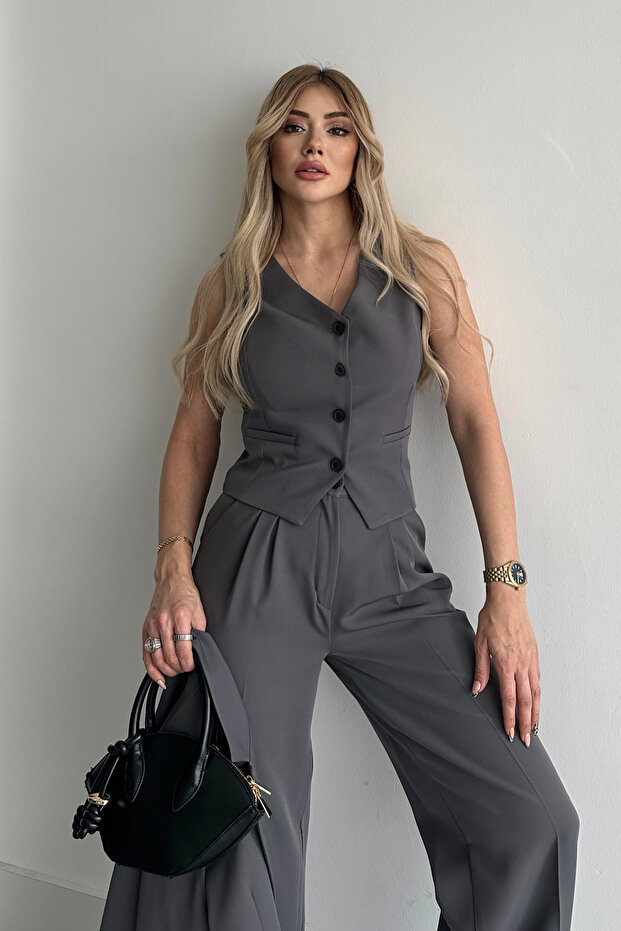 Női antracit oversize blézer kabát nadrág mellény öltöny - 4