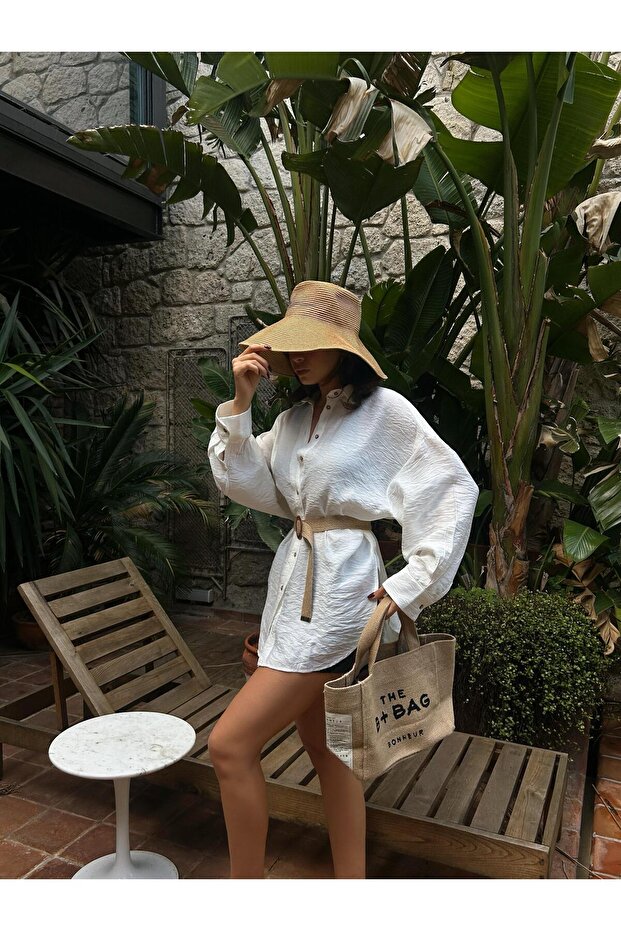 Kadın Ekru Keten Oversize Hasır Kemerli Tunik Gömlek 29049 - 5