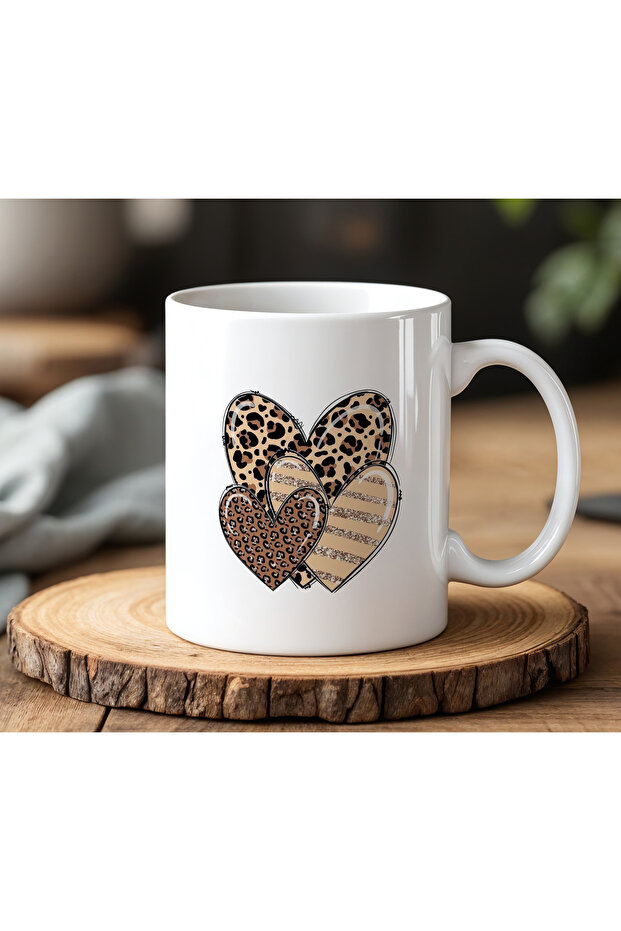 Leopard Hearts Design White Ceramic Printed Mug 330ml