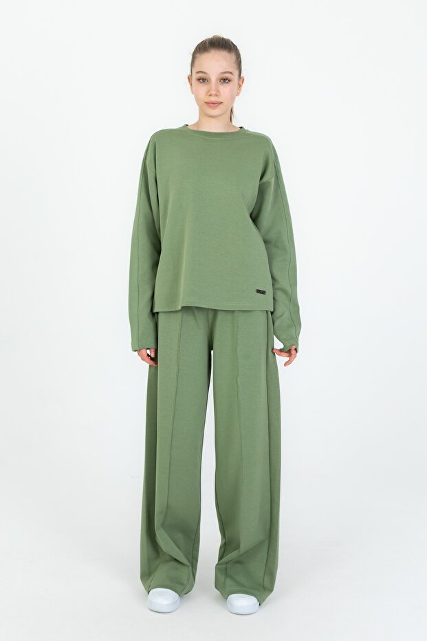 Crew Neck Wide Leg Adjustable Elastic Waist Girls' Tracksuit Set