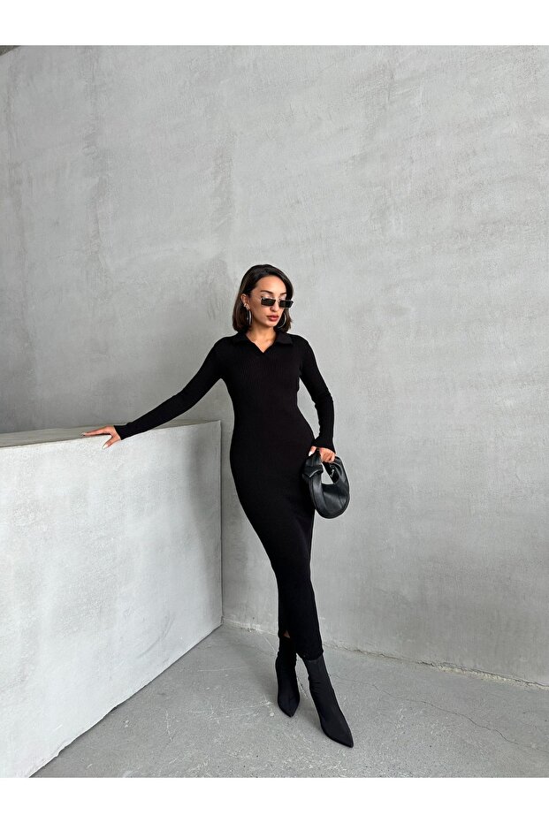 Kadın Siyah Polo Yaka Maxi Basic Triko Elbise - 5
