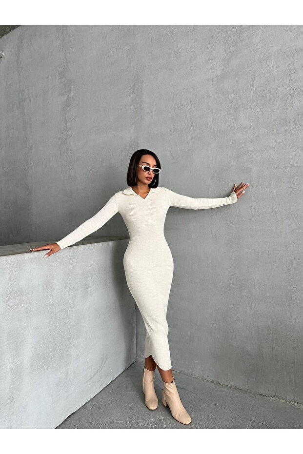 Béžové maxi úpletové šaty - základní model s pololímečkem - 2