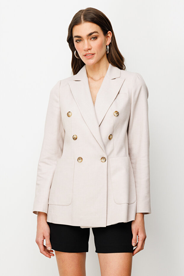 سترة ذات طية صدر مزدوجة مع جيوب - 2