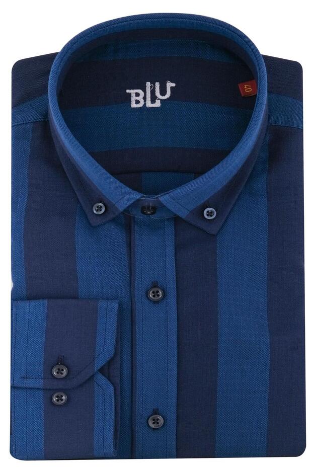 Üstten Düğmeli Yaka Klasik Gömlek - 1