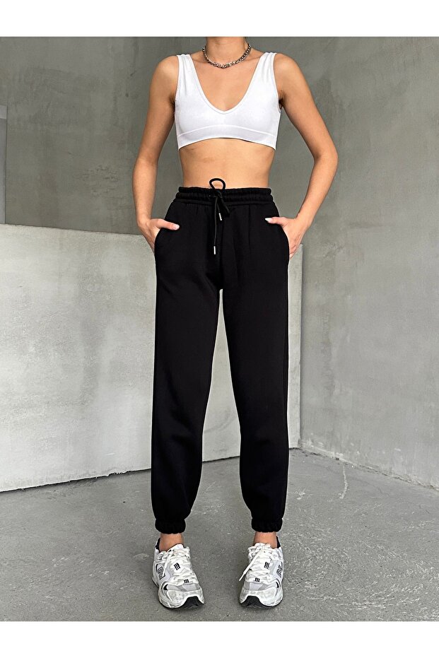Schwarze Basic-Jogginghose für Damen mit elastischem Bund - 1