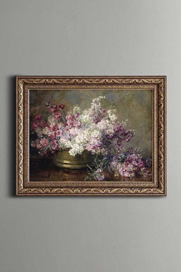 Beyaz ve Pembe Çiçeklerle Dolu Bakır Kase - Vintage Desenli Çerçeve - 1