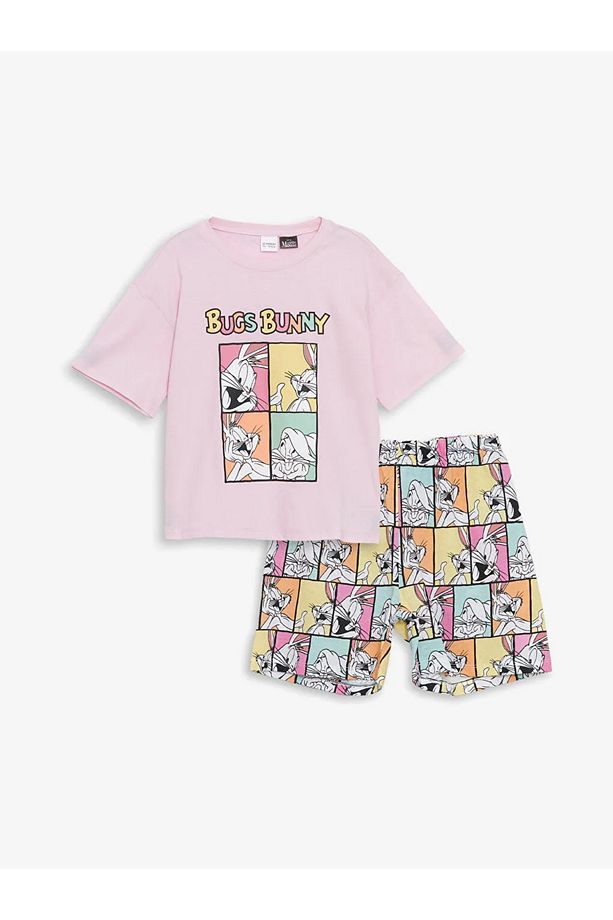 LCW Kids Pembe Bisiklet Yaka Bugs Bunny Baskılı Kız Çocuk Şortlu Pijama Takımı - 4
