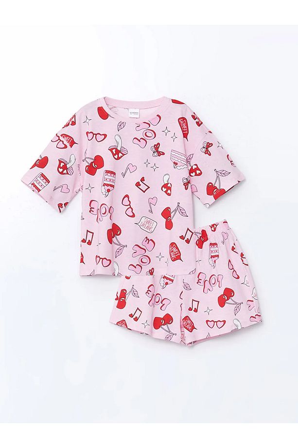 LCW Kids Pembe Bisiklet Yaka Kız Çocuk Şortlu Pijama Takımı - 1