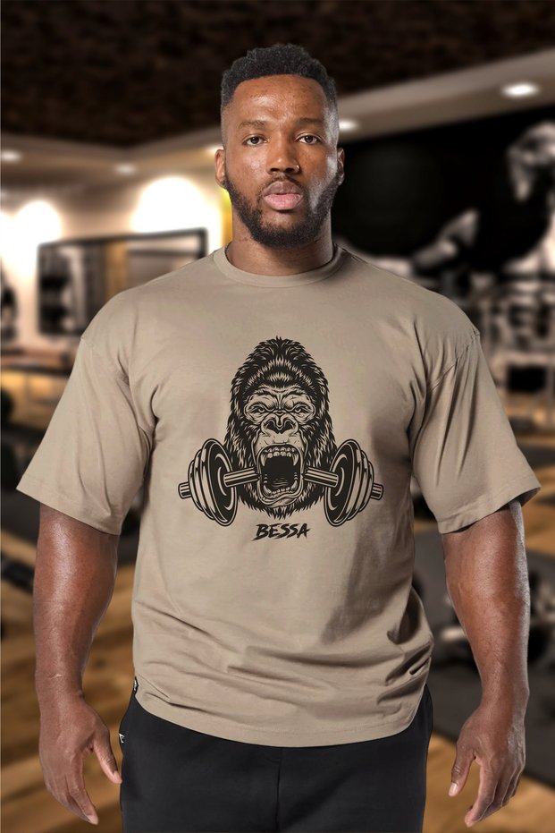 Men's Gorilla Printed Beige Oversize Crew Neck Cotton Sportsman T-Shirt