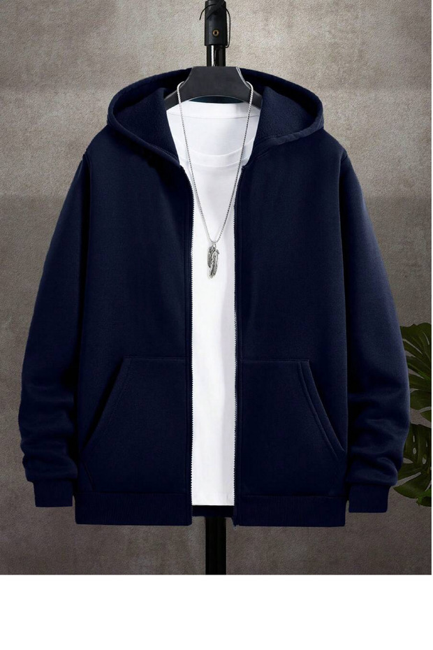Men's Navy Blue Winter Hooded Zippered Sweatshirt Jacket with Fleece Inside